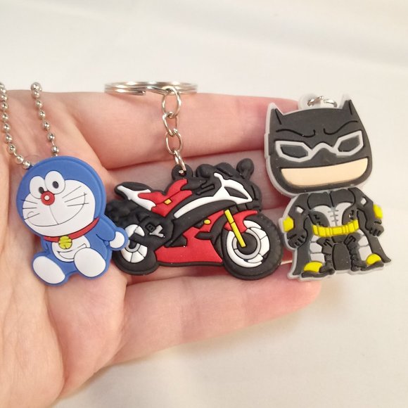 Men's Silver Chibi Doraemon Cat Robot Batman Mini Motorcross Keychain Key Ring 3 - Picture 1 of 5
